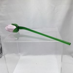 Hand Blown Glass Pink Rose Long Stem 15"
